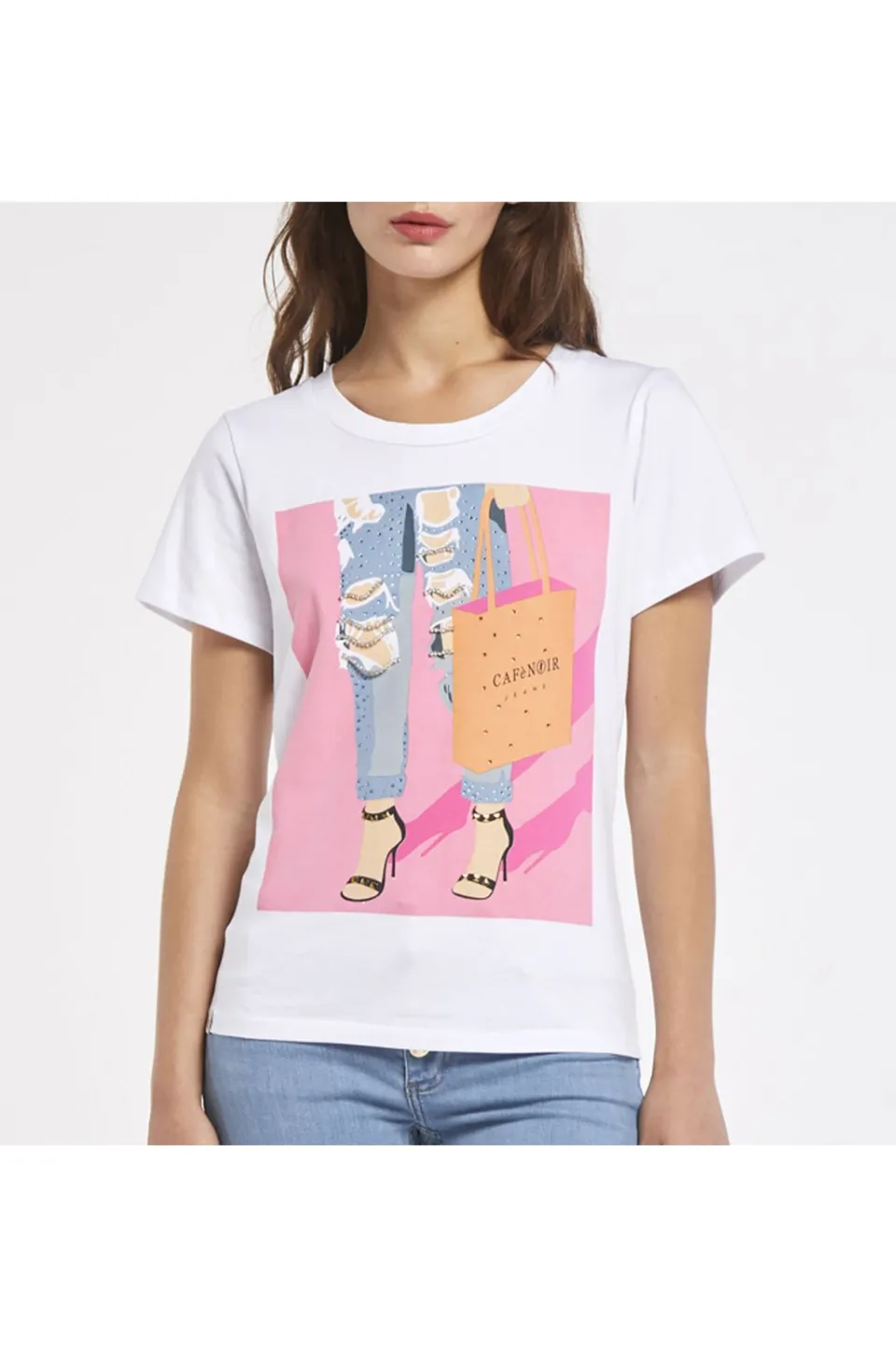 Clearance CafèNoir T-Shirt In Jersey Di Cotone Con Stampa Jeans Davanti Bianco