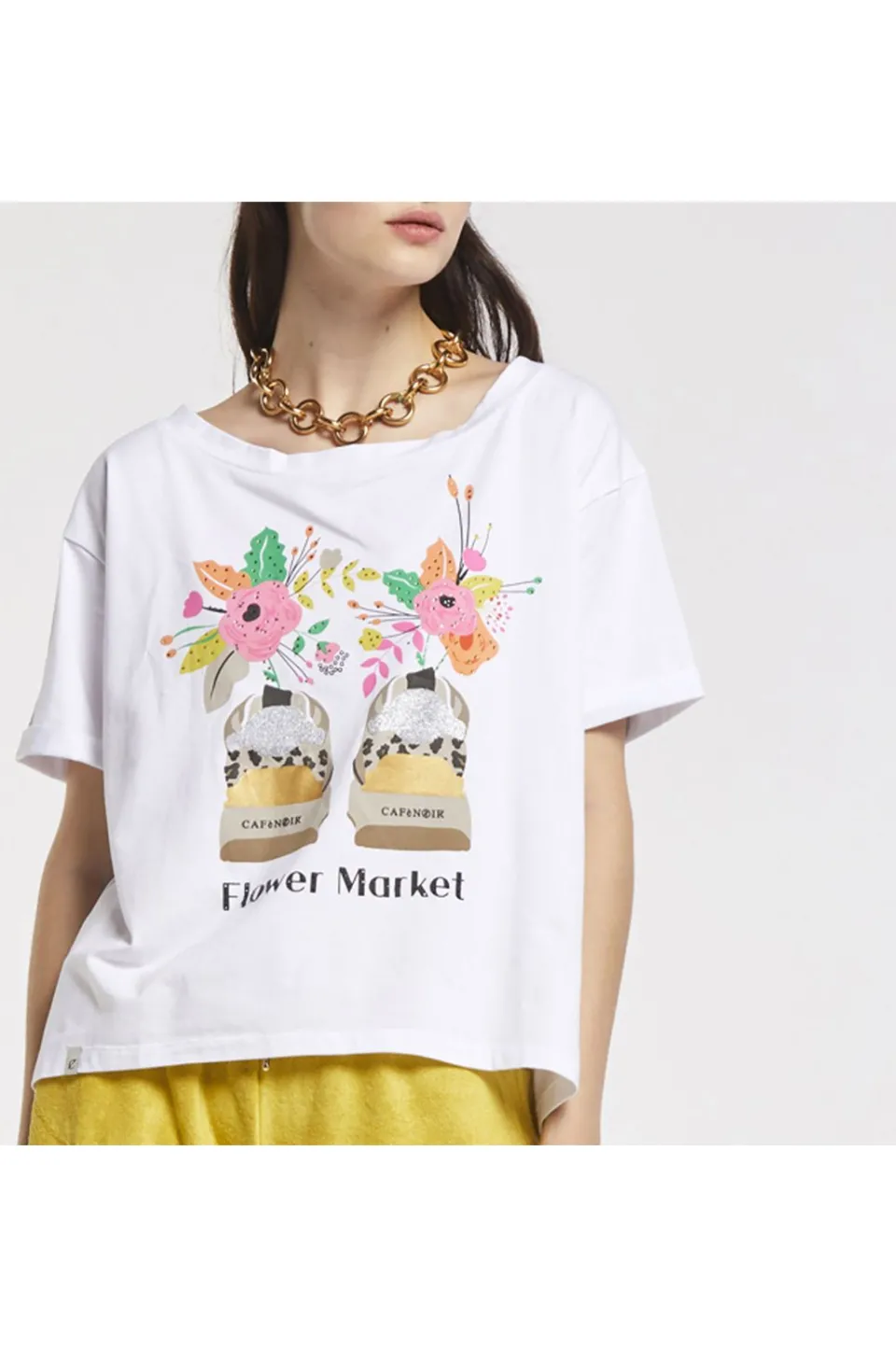 Clearance CafèNoir T-Shirt In Jersey Di Cotone Con Stampa Scarpe E Fiori Bianco