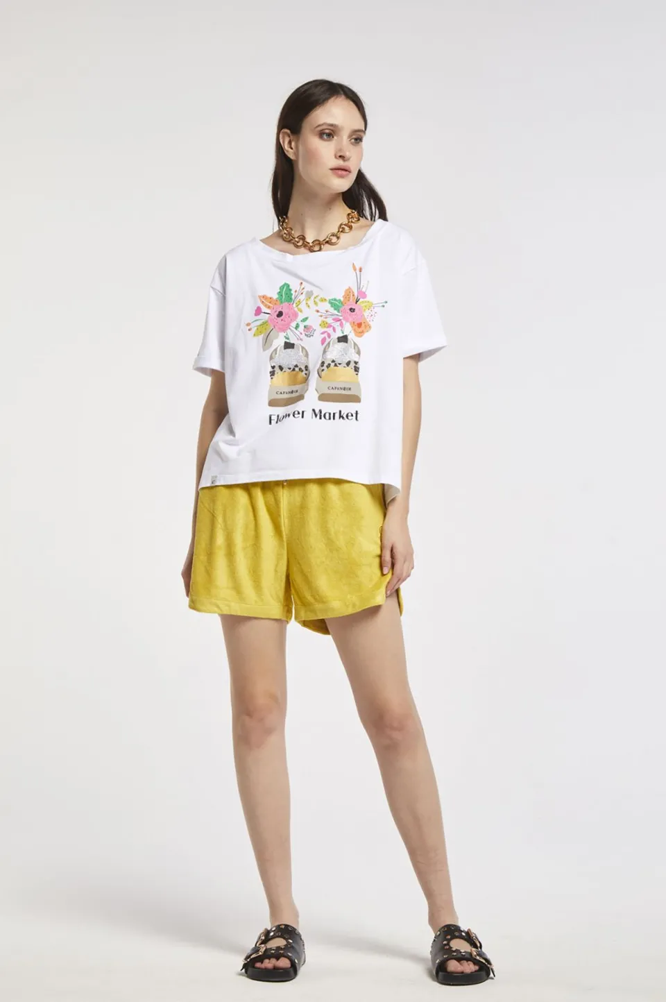 Clearance CafèNoir T-Shirt In Jersey Di Cotone Con Stampa Scarpe E Fiori Bianco